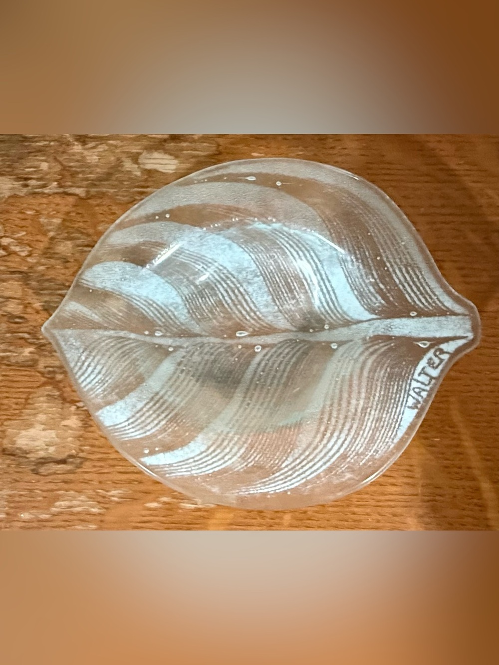 Walters Signed Leaf Glass Decorative Plate - Clear/White Accent